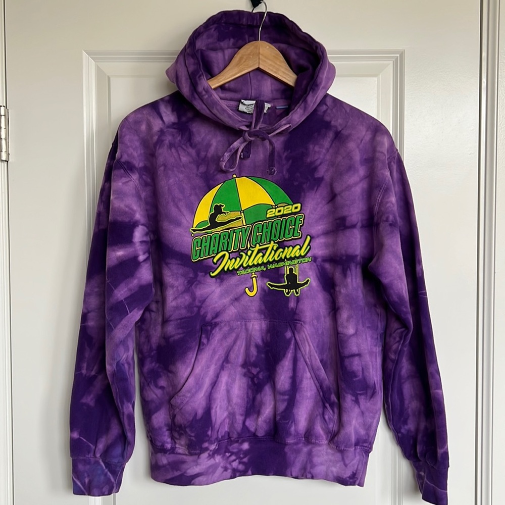Gymnastics Sweatshirt sz Small Charity Choice Tye Dye Hoodie Purple Front Sporty